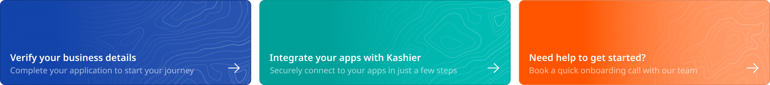 Onboarding cards close-up, Verify your business details / Integrate your apps / Need help to get started?
